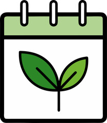 A simple calendar icon with a green leaf on the date box. silhouette  vector black , white background 