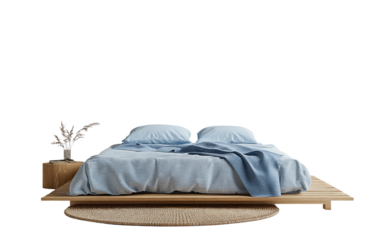 Modern single bed arrangement styled with pastel blue tones in a simple design isolated on transparent background PNG