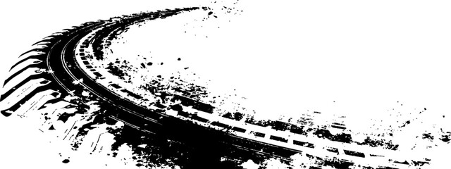 Vector black-and-white tire tracks and skid marks isolated white background. motocross, drifting, drag racing, and off-road vehicles, featuring grunge splatter and tread patterns for car.