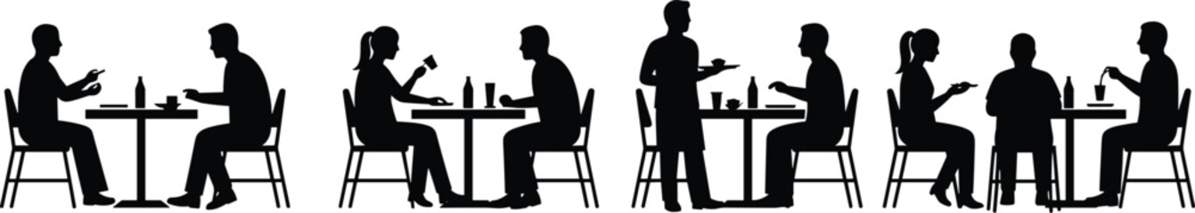 Black silhouette people dining in restaurant — couples, waiter serving, solo diners — vector set for food, hospitality, café, design, and lifestyle projects