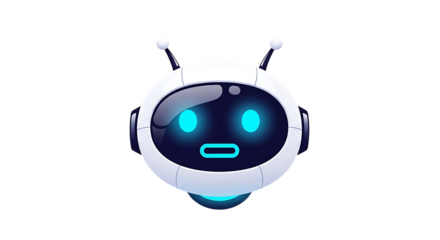 Cute futuristic robot head with glowing blue eyes and antenna isolated on white background