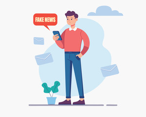 Flat Vector Illustration of a business man with briefcase and  of Man Reading Fake News on Smartphone.
