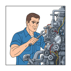 Skilled mechanic in blue shirt using wrench to repair complex industrial machinery with wires and pipes