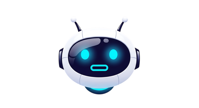 Cute futuristic robot head with glowing blue eyes and antenna isolated on white background