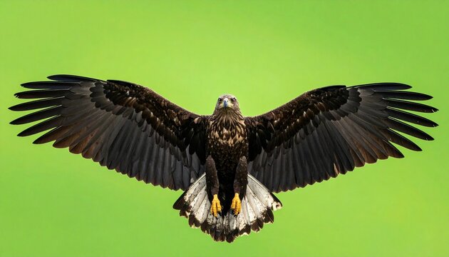 &aacute;guila monera en pleno vuelo, alas extendidas mostrando su envergadura imponente. Detalle fotogr&aacute;fico de las plumas oscuras y contrastes naturales, con texturas n&iacute;tidas y realistas. Fondo verde chroma