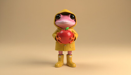 Delightful Frog Character in Yellow Raincoat Adorably Holds a Bright Red Apple Cute Amphibian Ready for Autumn. Charming and Whimsical Isolated on Neutral Background. Generative AI