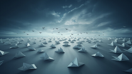 Obraz premium Dreamy paper origami planes and birds fly on a cloudy day, evoking a sense of freedom, creativity, and imagination, perfect for inspirational projects