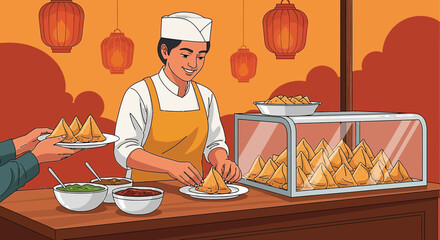Vibrant illustration of a chef preparing delicious samosas at a bustling food stall with