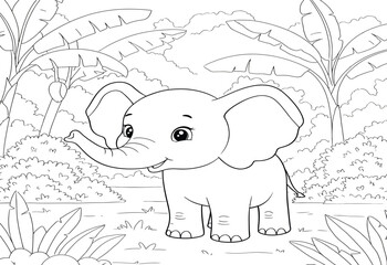 A cute baby elephant stands in a jungle clearing surrounded by lush foliage and banana trees, ready to be colored.