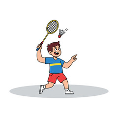 Young boy playing badminton, hitting shuttlecock with racket, active lifestyle illustration