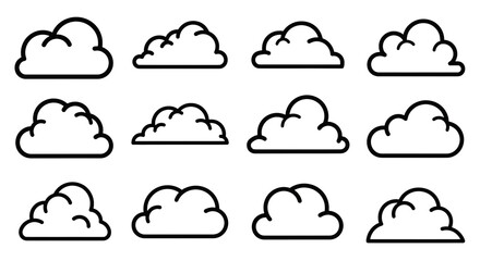 Collection of twelve stylized outline drawings of different types of hats isolated on white background