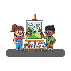 Diverse children happily painting a landscape scene together on an easel