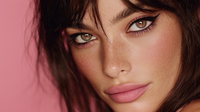 Close-up portrait of a young woman with long dark hair and striking green eyes. She has a soft pink lip color and a subtle makeup look against a pink background.