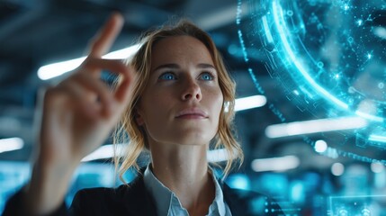 A young woman with light brown hair interacts with a holographic display in a modern office environment. She appears focused and engaged in technology.