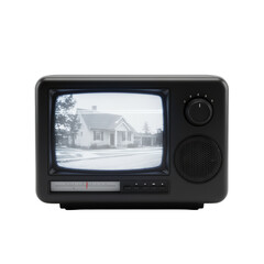 Retro television displaying suburban house scene in grayscale against emptiness