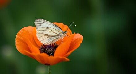 Butterfly resting on orange poppy flower with delicate wings and details
