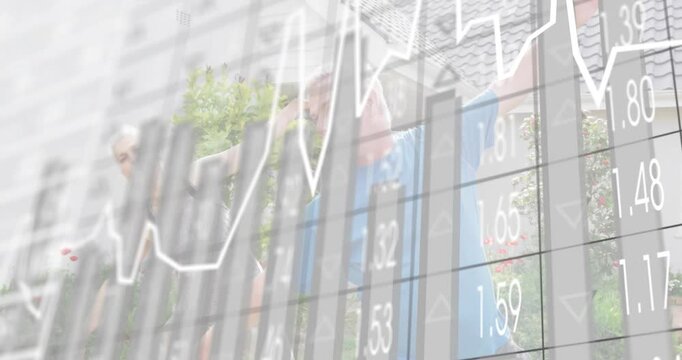 couple standing patio as finance grid emerging performing side bends as bar ECG charts intensifying