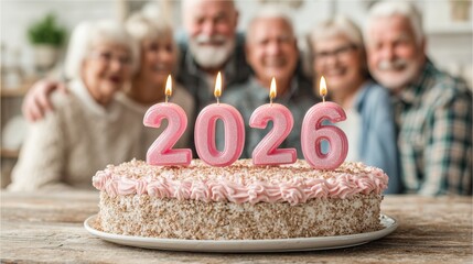 A group of senior people celebrating a birthday with a cake. The cake has pink frosting and candles shaped like the numbers 2026. They are smiling and enjoying the moment.