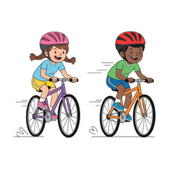 Diverse children happily riding bicycles wearing helmets for safety and fun