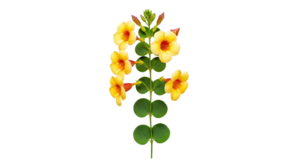 Isolated allamanda vine with yellow orange trumpet-shaped flowers and green leaves, no people