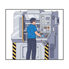 Factory worker operating complex industrial machinery with control panel