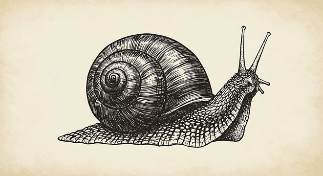 Detailed pen and ink illustration of a snail on textured background