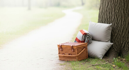 An inviting autumn picnic arrangement featuring a wicker basket, striped blanket, and gray pillows leaning against a tree trunk beside a winding path in a green park, evoking serenity and relaxation.