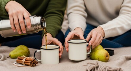 Close-up of two people pouring a hot drink into mugs during an autumn picnic, with pears and cinnamon sticks on a cozy blanket.