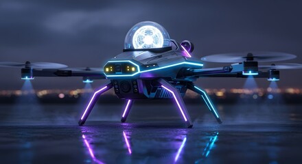 Futuristic drone with glowing neon lights in a dark, reflective environment