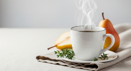 A steaming white cup of hot tea or coffee with fresh pears and thyme on a linen napkin. A cozy, warm, and minimalist still life perfect for an autumn picnic concept.