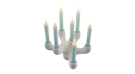 Isolated modern candelabra centerpiece with seven glowing teal taper candles indoors