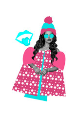 Composite trend artwork 3D sketch image photo collage of young woman style glamour eyewear wear warm clothes hat sweater mouth lips winter