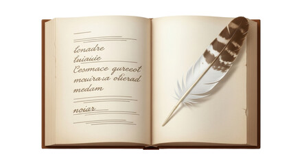 Isolated open old book with quill pen resting on page, concept for writing, education