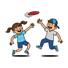 Joyful children playing frisbee outdoors, catching a red disc in mid-air, active fun