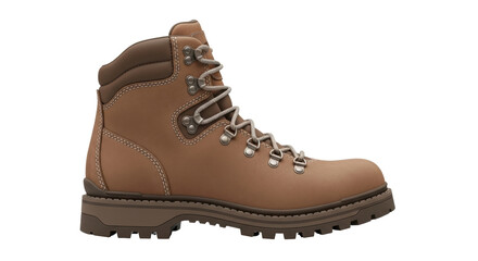 Isolated boot in brown leather with laces and tread, waterproof hiking footwear for outdoor use