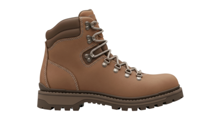 Isolated boot in brown leather with laces and tread, waterproof hiking footwear for outdoor use