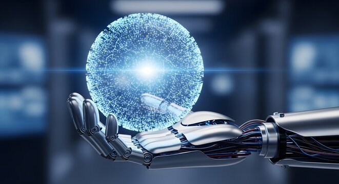 Futuristic robot hand holding a glowing digital sphere representing advanced technology and AI