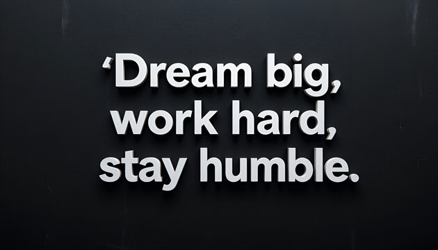 A simple yet profound motivational message, dream big, work hard, stay humble, rendered in elegant white typography on a dark, minimalist backdrop