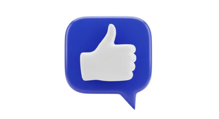 Isolated graphic rendering of a thumbs up sign in a rounded blue speech bubble shape