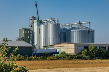 Obraz premium A grain storage complex is being constructed with silos and a crane visible against a sunny blue sky in a rural landscape