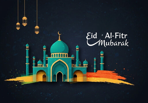 Celebrate Eid Al-Fitr with vibrant mosque illustrations and festive lanterns, perfect for joyous greetings and cultural events