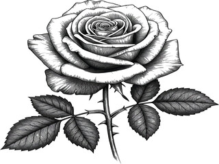 Detailed black and white sketch of a single rose with stem, thorns, and leaves, showcasing intricate petals and botanical accuracy.