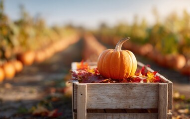 Bright orange pumpkin resting on rustic wooden crate surrounded by autumn leaves at a pumpkin patch