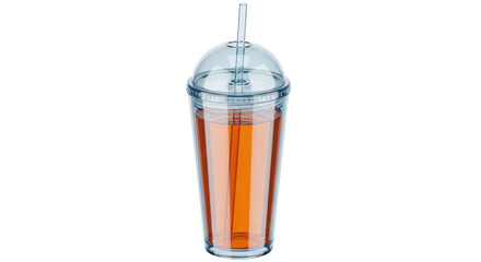 Isolated transparent tumbler with orange liquid and straw, ideal for summer refreshment