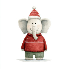 Charming watercolor elephant wearing cozy red christmas sweater and knitted santa hat soft festive colors minimal clean background character centered child friendly illustration
