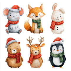 Charming watercolor collection of six festive animals wearing christmas accessories mouse fox bunny bear deer penguin in soft pastel colors arranged in two rows sticker sheet layout