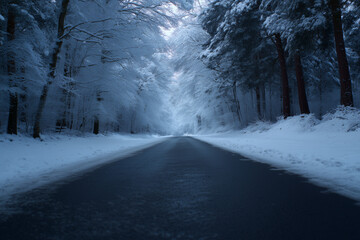 Snow Road Leading Into Forest Landscape