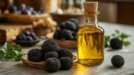 Olive oil in a bottle and truffle mushrooms. An illustration on the topic of nutrition, taste, and lifestyle.	
 