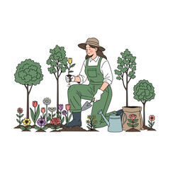 Woman gardener planting a yellow tulip in a vibrant garden with flowers and trees