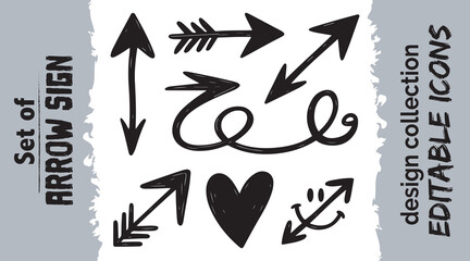 Hand drawn arrow sign set collection icons with heart and smiley editable graphic elements